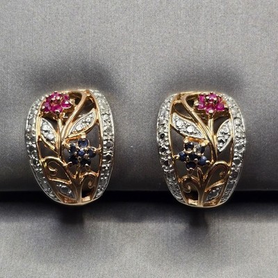 Ross-Simons Gold über Sterling Floral Clip-On Ohrringe Rubin & Saphir Akzente