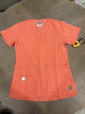 Carhartt Force Cross Flex Modern Fit Scrub Top Womens XS V-Neck Orange Medical