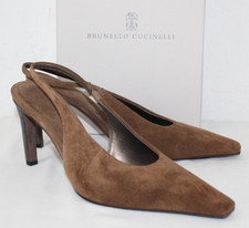 NWB Brunello Cucinelli Suede Leather Slingback Pumps Monili Heels Brown 41 $1700