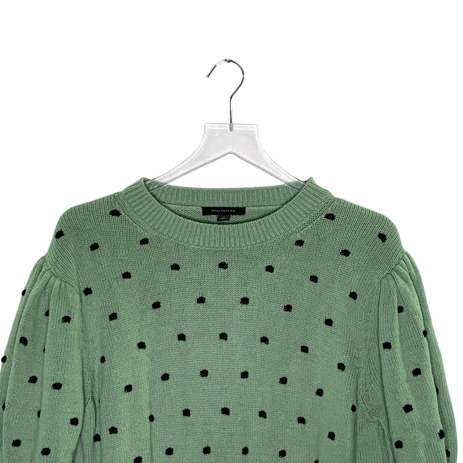 Ann Taylor XL Popcorn Stitch Puff Sleeve Sweater Dusty Green Polka Dot Normcore