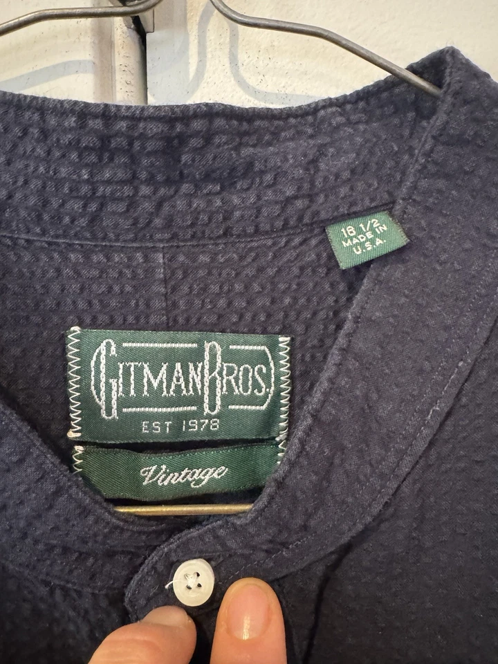 Gitman Vintage Short Sleeve Seersucker Dark Blue Shirt 18 1/2 XL Standing Collar - Image 2 of 3