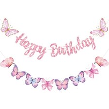 Pink Butterfly Birthday Banner, 63" x 23.6", Fade Resistant, Lightweight, Wom...