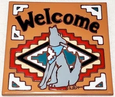 Earthtones Coyote Welcome Southwest Ceramic Art Tile Trivet Made in USA 4225R