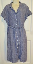 Quince European Linen Button Front Midi Dress Chambray Stripe Size L Coastal NWT
