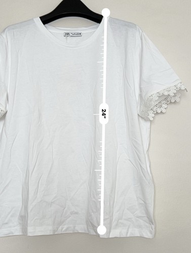 Zara Women’s Trimmed Cotton Top T-Shirt Short Sleeve Round Neck White Large NWT - Picture 4 of 16