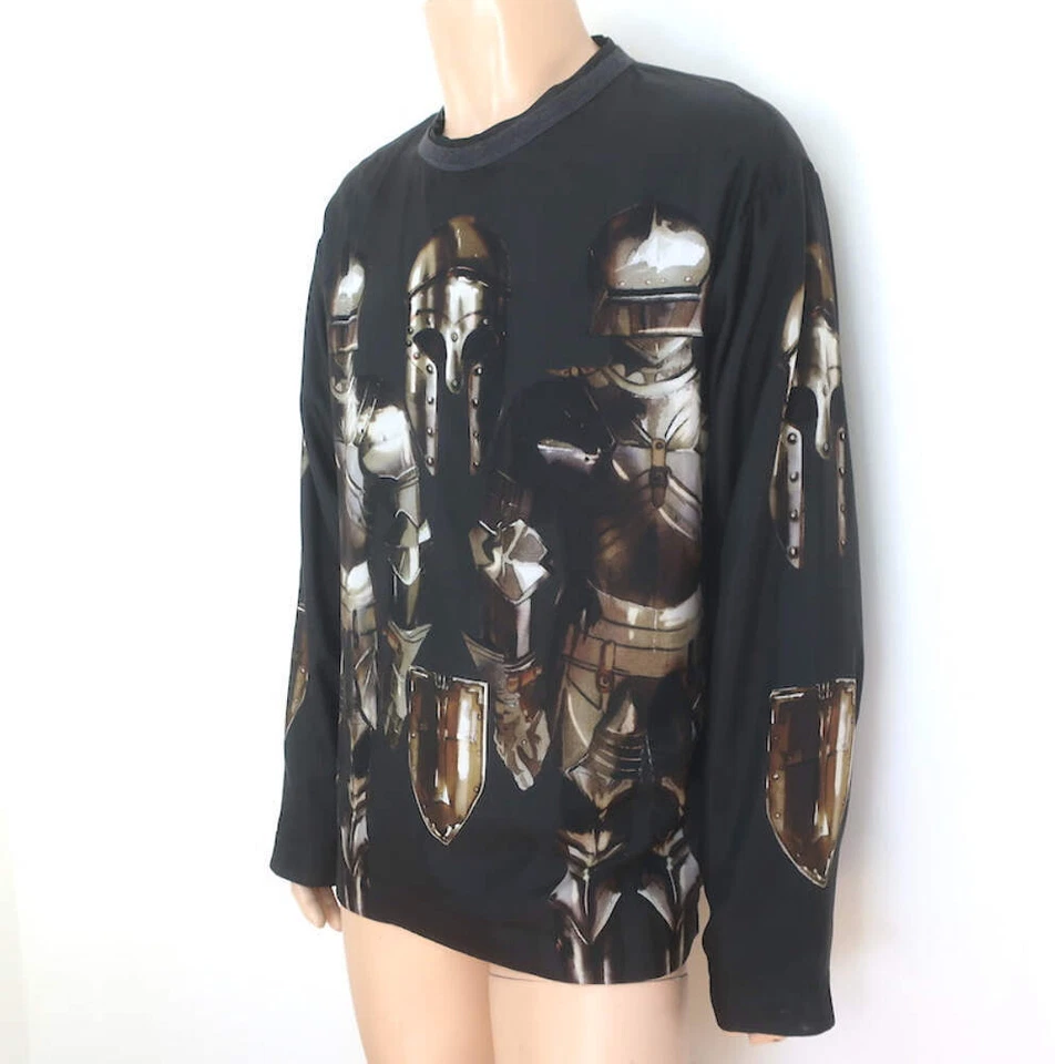 Camisa Dolce & Gabbana Medieval Estampado Armadura Manga Larga Negra Satén Talla 52 Foto 3 de 4