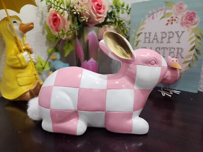 EASTER Mackenzie Style Pink White Check Bunny Rabbit Figurine Tabletop Decor