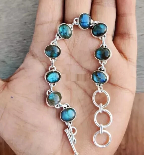 Brazalete de plata de ley 925 con piedras preciosas de labradorita hecho a mano aniversario mujer Si29 Foto 2 de 3