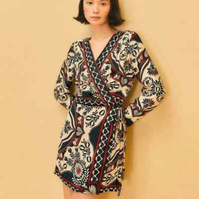 knee length dresses for ladies Farm Rio Arabesque Mix Scarves Black Wrap Mini Dress | Print | Size Xs