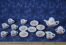 SET Dollhouse Miniature Tea Set ~ Service 6 ~ Mauve & Golden Flower Pattern 1:12
