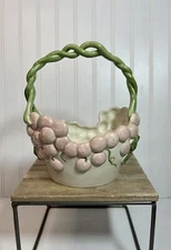 FITZ & FLOYD Vintage 1982 Hand Painted Grape Basket & Twisted Grapevine Handle