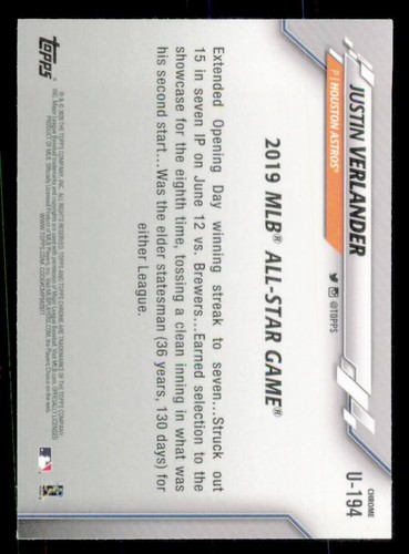 2020 Topps Chrome Update Sapphire Baseball #U-194 Justin Verlander AS Astros - Picture 6 of 6