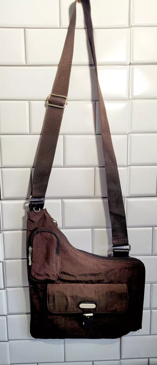 BAGGALLINI Brown Nylon Medium Size Slender CrossBody Purse Multiple internal