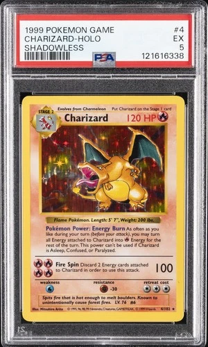 1999 POKEMON BASE SET SHADOWLESS #4 CHARIZARD-HOLO PSA 5