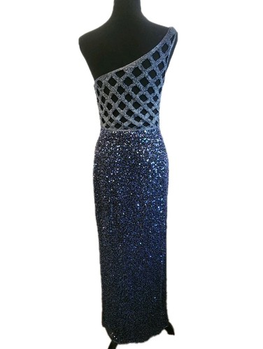 Scala Beaded Gown M Sequin Mesh One Shoulder Navy Blue Formal Dress Prom Glam - Picture 2 of 16