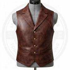 Men s Brown Cowhide Leather Vest Vintage Dress Waistcoat Classic Slim Fit Vest