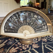 Antique French Hand Painted Fan In Shadow Box 19th Century