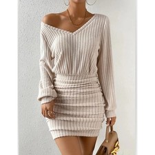 Women’s Knitted Sweater Mini Dress V-Neck Wrap Long Sleeve Bodycon Beige color