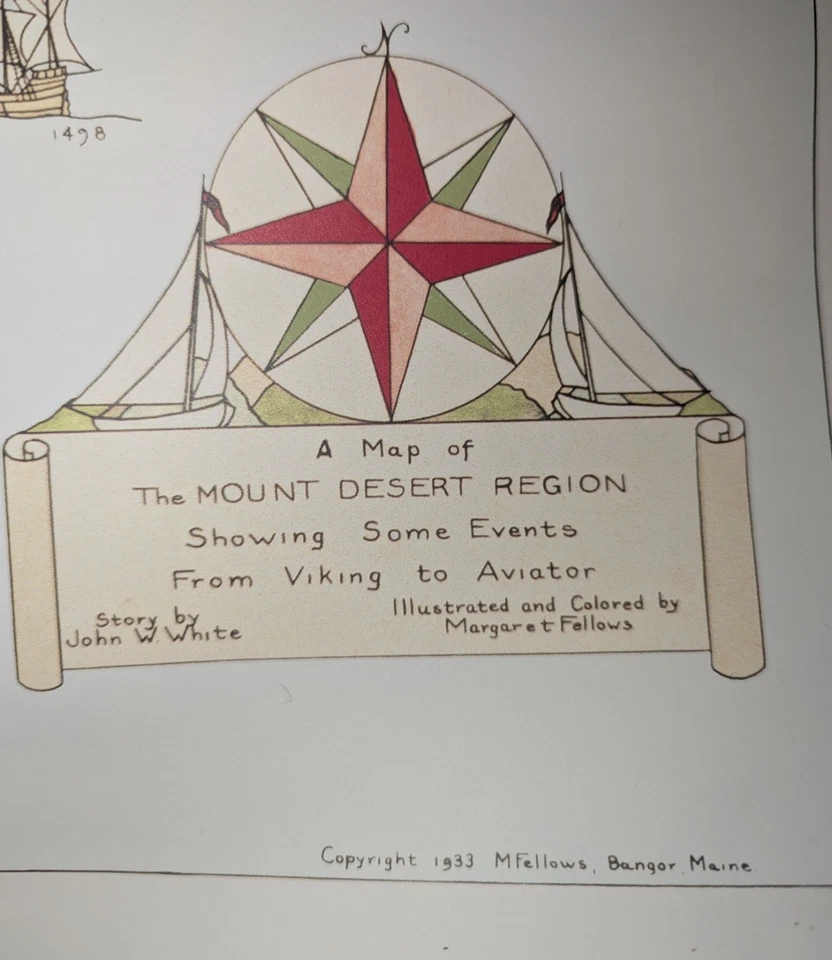 Mapa artístico Acadia National Park Bar Harbor Maine 1933 reimpresión por M Fellows Foto 3 de 3