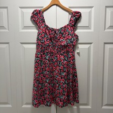 Old Navy Womens Smocked Waist Floral Mini Dress Pink Red Ruffle Cap Sleeve M NEW