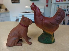 Lot of 2 Vintage Cast Iron Coin Bank Boxer Dog Rooster Original Paint