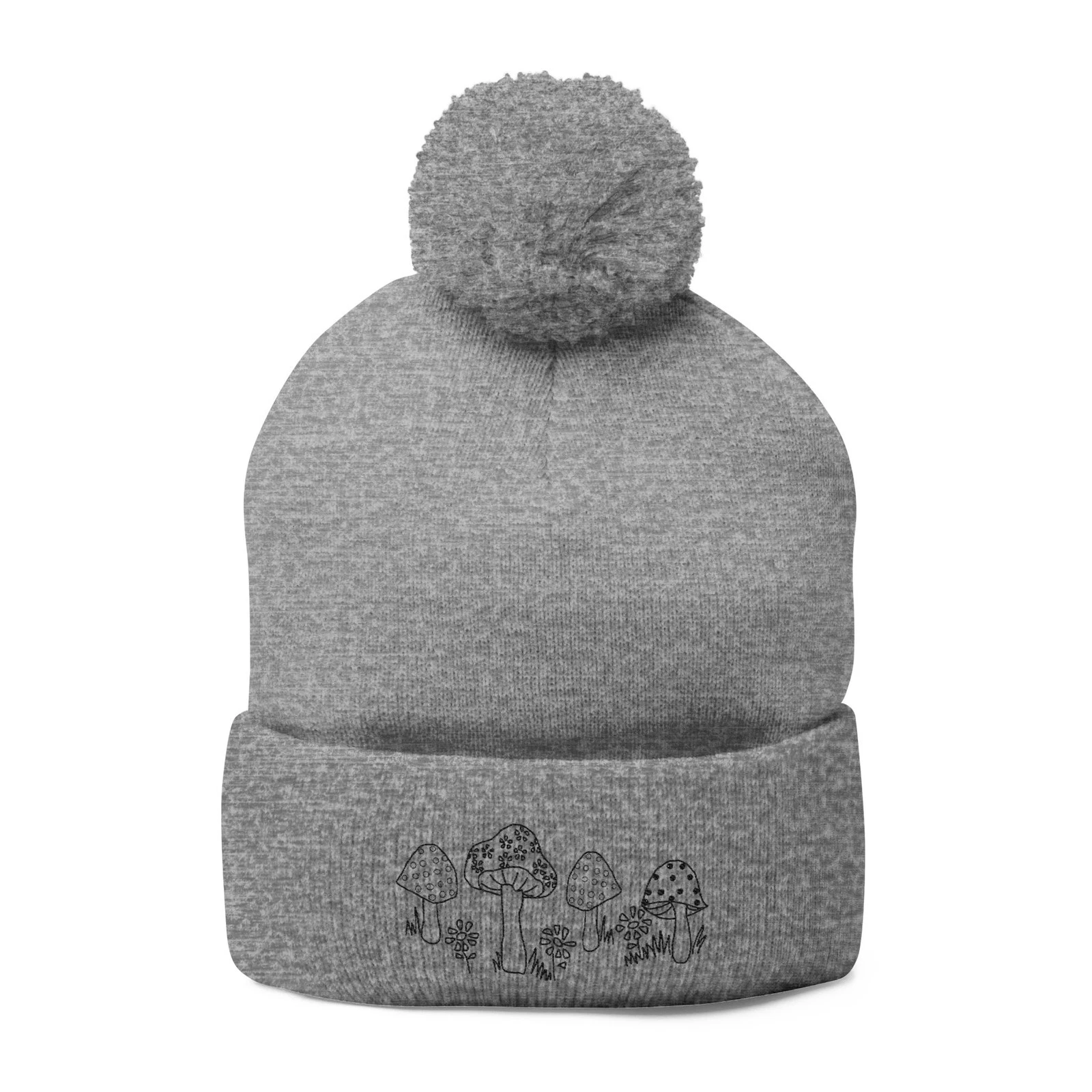 Mushroom Embroidered Pom-Pom Knit Cap
