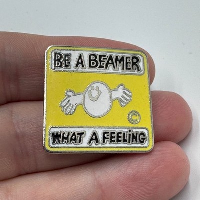 Vintage BMW Be A Beamer Slogan Logo Lapel Pin Yellow White Enamel Automotive