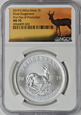2019年 南アフリカ　クルーガーランド銀貨 NGC MS70 1KR/１oz 2019 South Africa Silver Krugerrand - NGC MS70 First Day