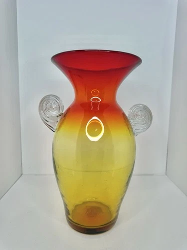 HTF Vintage MCM Blenko Glass 6823 Vase In Tangerine W/applied Crystal Handles