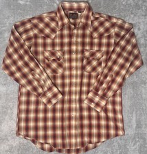 VTG 90s Plains Western Wear Pearl Snap Shirt Mens L Red Brown Plaid Long Sleeve