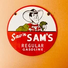 Vintage Sav'n Sams Gasoline Classic Porcelain Enamel Advert Sign 11.75" inch