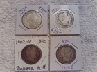 Lot of Four 90% SILVER BARBER HALF DOLLARS, 1907D, 1902, 1911, 1915D Good to VG