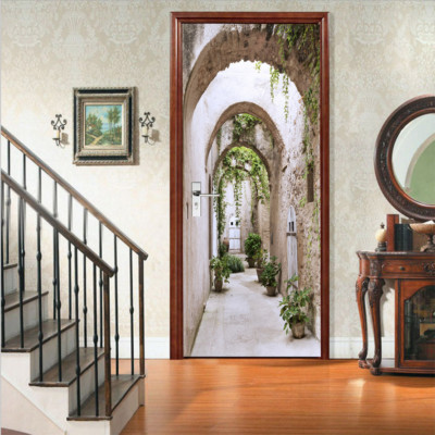 PVC Door Sticker 3D Wallpaper Vintage Arched Promenade Home Wall Decals Mural