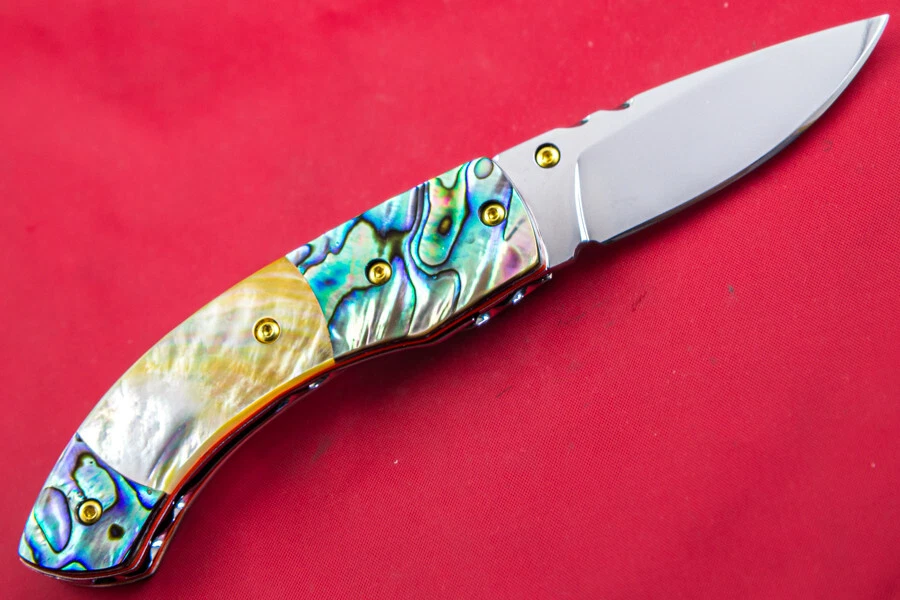 CUSTOM TS HANDMADE FOLDING KNIFE 440C DROP POINT YELLOW PEARL ABALONE AMETHYST - Image 2 of 4