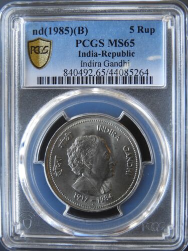nd (1985) India 5 Rupee Indira Gandhi PCGS MS65 RGUTH075 - Picture 3 of 4