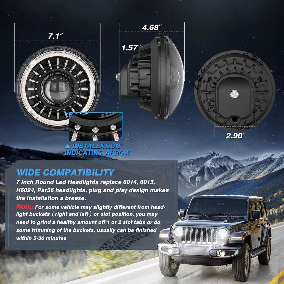 Par de faros LED redondos 16000LM 7 pulgadas alto/bajo para Jeep Wrangler JK LJ TJ CJ DOT Foto 4 de 4