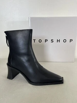 Topshop Damen Money schwarz Leder Stiefeletten 3" Blockabsatz - UVP £ 65,99