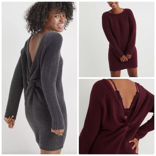 NWT AERIE TWIST BACK SWEATER DRESS GRAY 