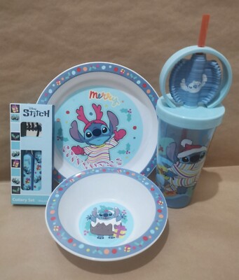  Neu mit Etikett  Disney Stitch Geschirr Set Teller Schale Besteck Tasse/Becher Stitchmas