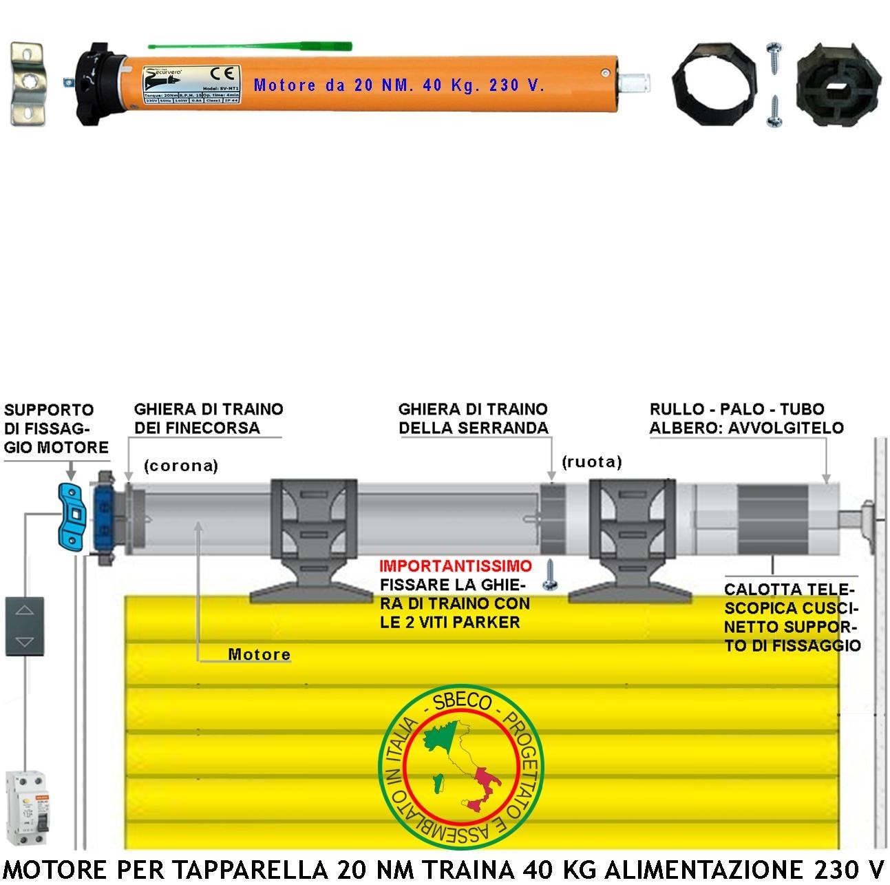 Motore Tubolare Tapparella 20 Nm | Sollevamento 40 Kg | 230 V