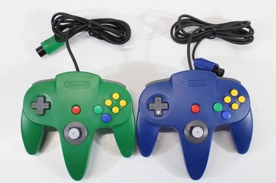 Lot 2 OEM Nintendo 64 Controller Green Blue 7/10 OEM Stick N64 Discolor Wears