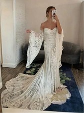Fashion Mermaid Bridal Dress Removable Long Sleeve Elegant Lace Embroidery Beach
