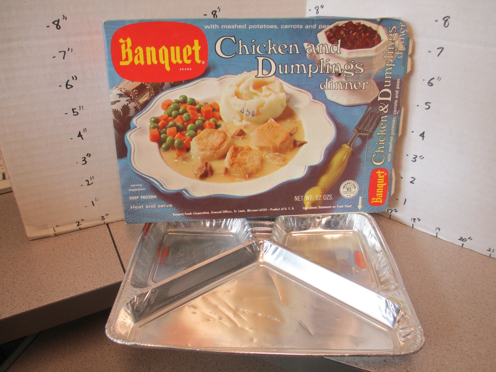 Banquet TV DINNER box 1974 vintage frozen food Chicken Dumplings, original tray