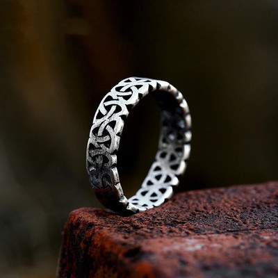 Mens Titanium Steel Ring Retro Viking Band Norse Jewelry Ancient Design