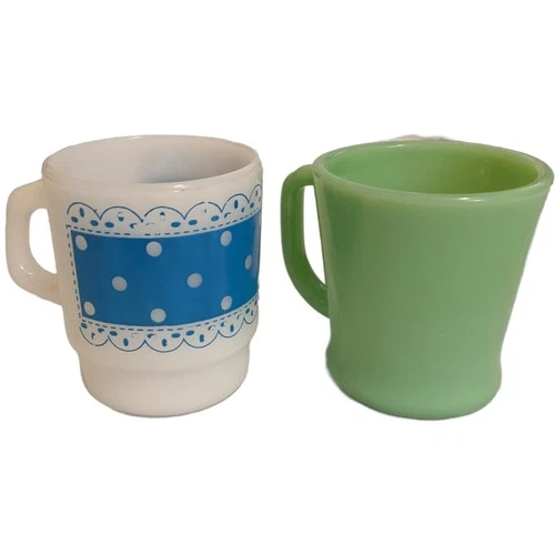 Vintage Fire King Milk Glass Jadeite Mugs Set of 2 Polka Dots & Lace Oven Ware