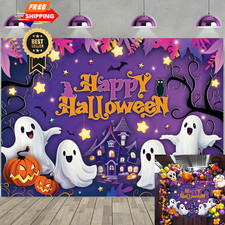Purple Happy Halloween Backdrop Cartoon Spooky Pumpkin Castle 6x4FT,