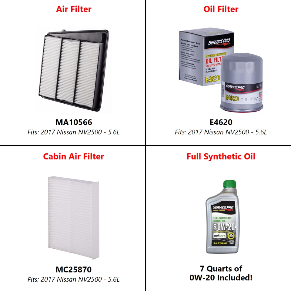 2017 Nissan NV2500 5.6L Complete Air, Oil & Cabin Filter Kit (0W-20) - Imagem 2 de 4