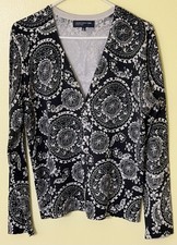 JONES NEW YORK Women's Long SL V-Neck Button Sweater BLK PAISLEY FLORAL Size XL