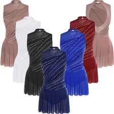 Women Bodysuit Sport Dancewear Ballet Dress Rhinestone Ruched Competition Body