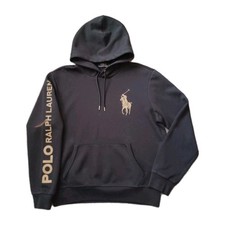 Polo Ralph Lauren Hoodie Mens Medium Black Big Pony Sleeve Spellout Drawstring